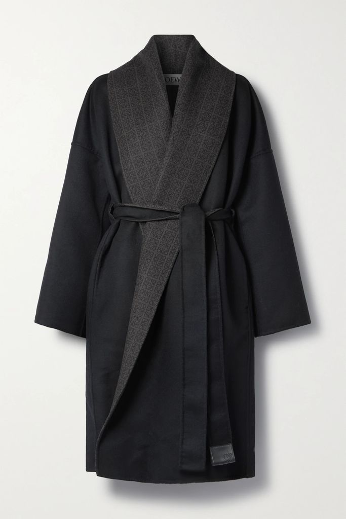 Anagram Belted Wool-jacquard Coat - Black