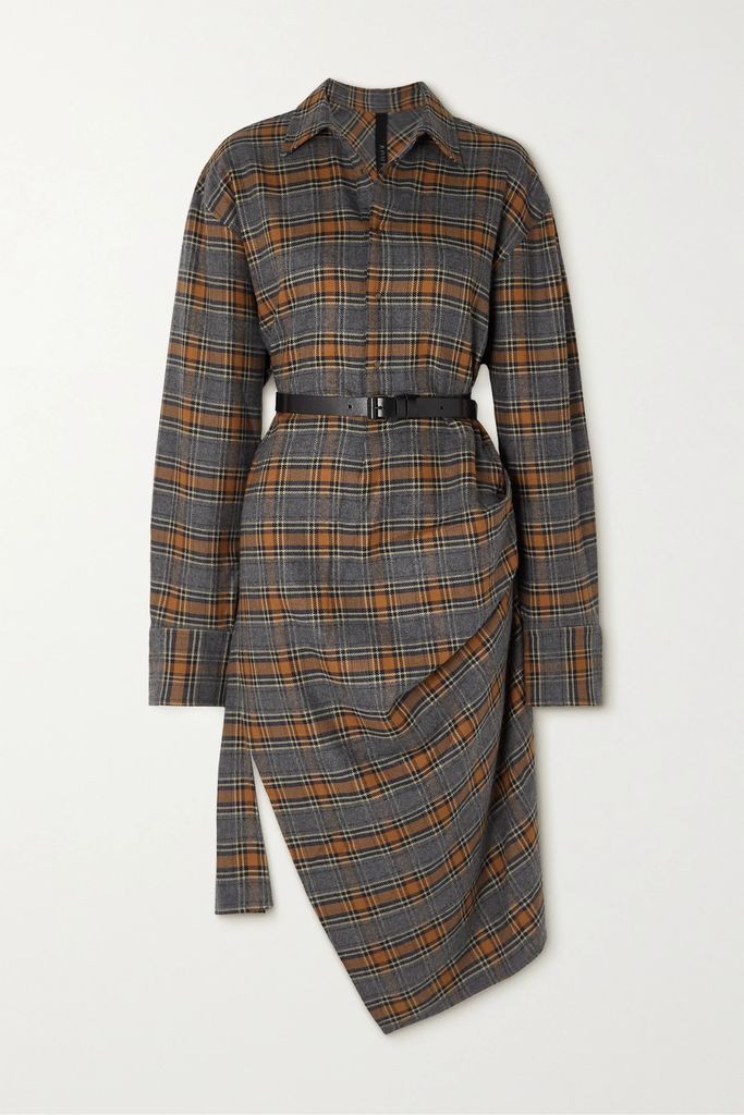 Addam Belted Asymmetric Checked Cotton-flannel Shirt Dress - Gray