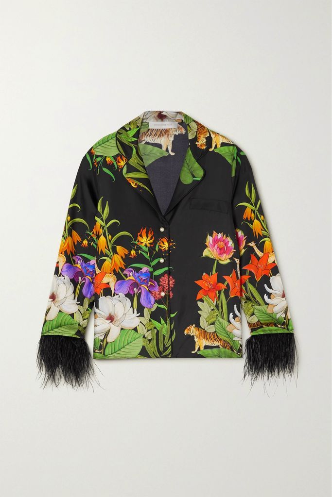 Eden Feather-trimmed Floral-print Silk-twill Shirt - Black