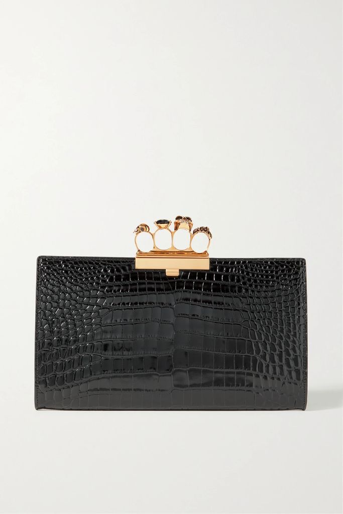 Four Ring Embellished Croc-effect Leather Pouch - Black