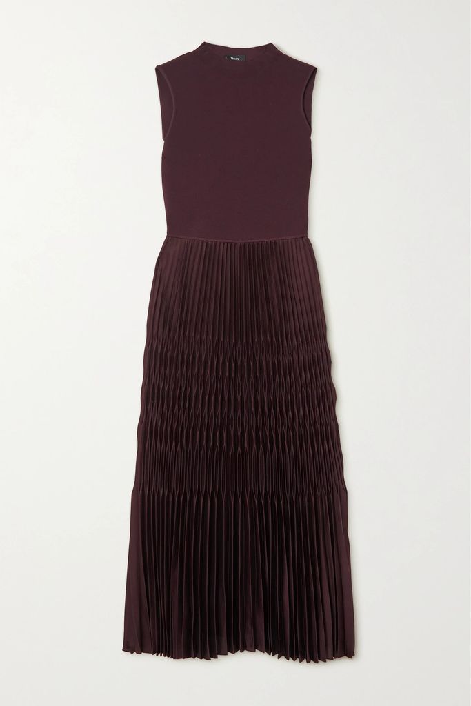 Pleated Ribbed-knit And Satin Dress - Red