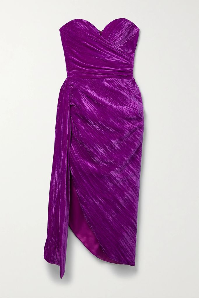 Draped Strapless Velvet Midi Dress - Purple
