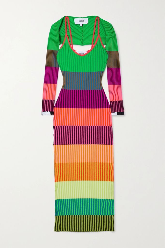 Cutout Striped Ribbed-knit Maxi Dress - Orange
