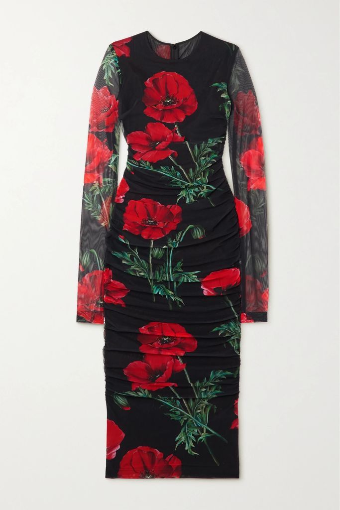 Floral-print Ruched Organza Midi Dress - Red