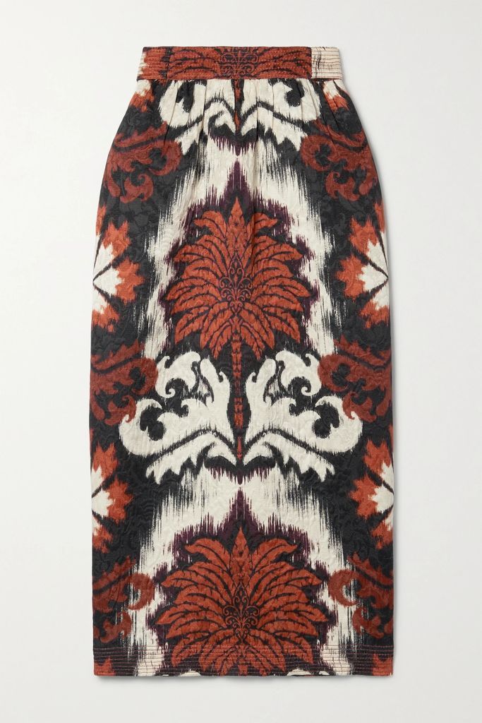 Winter Dalliance Printed Wool And Silk-blend Cloqué Midi Skirt - Brown