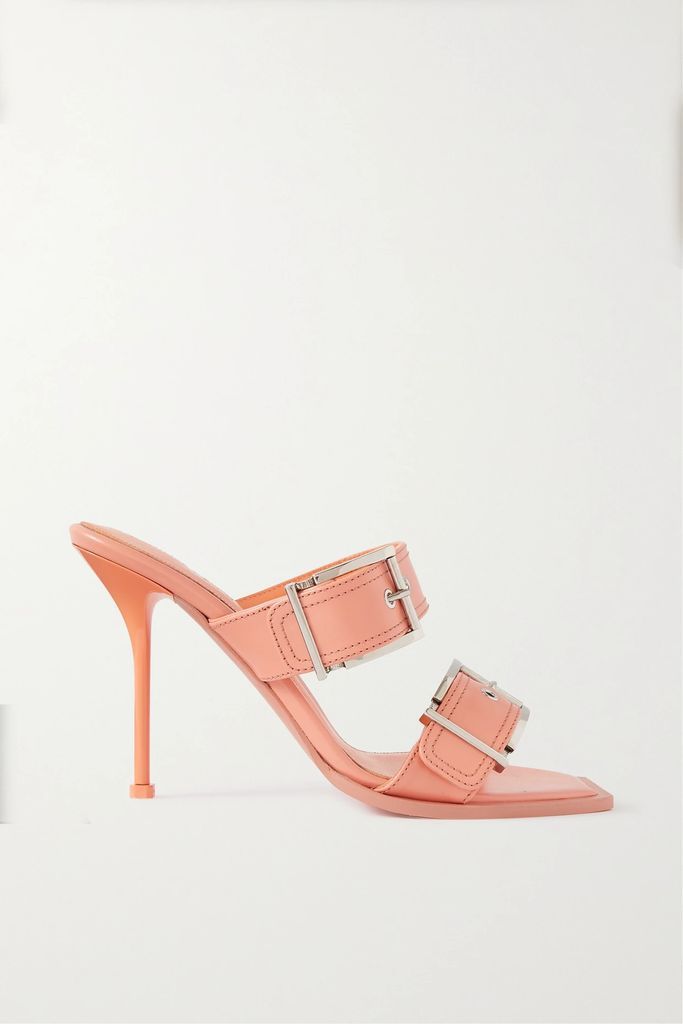 Buckled Leather Mules - Pink