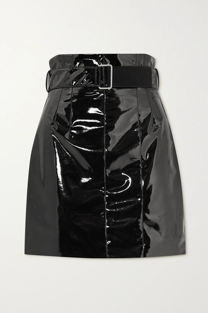 Belted Faux Patent-leather Mini Skirt - Black