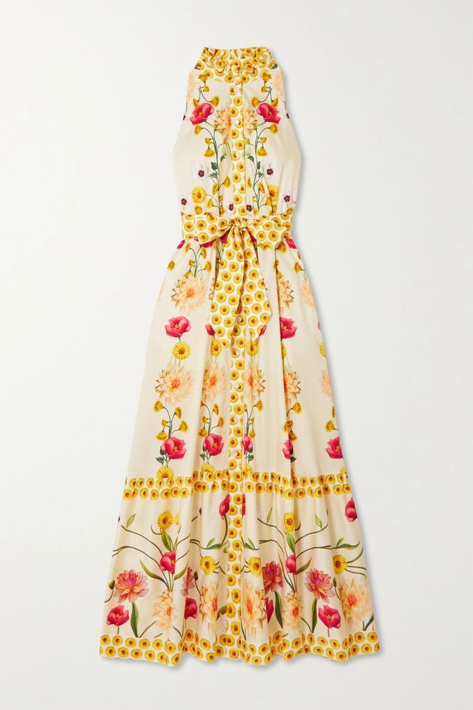 Biba Belted Floral-print Cotton-poplin Maxi Dress - Cream