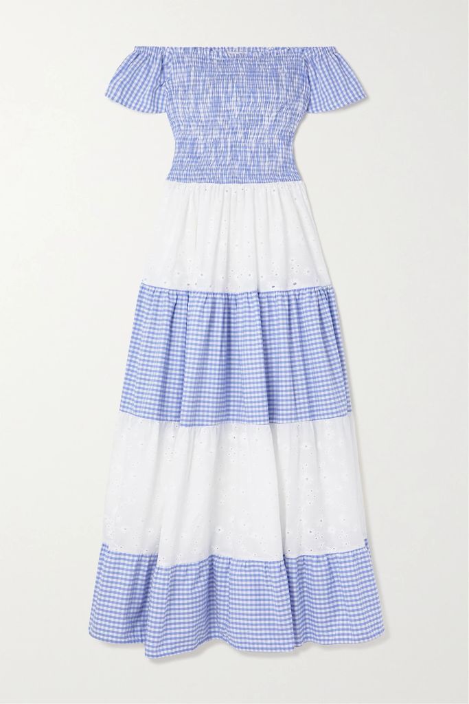 Karpathos Shirred Tiered Broderie-anglaise Cotton-poplin Maxi Dress - Light blue