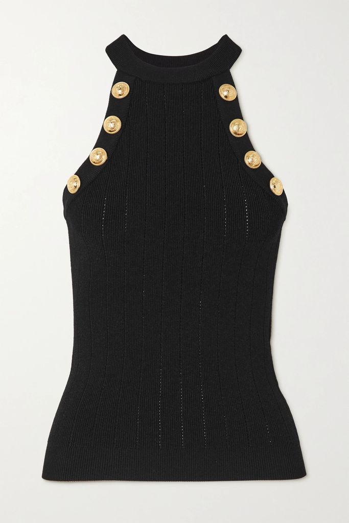 Button-embellished Ribbed-knit Tank - Black