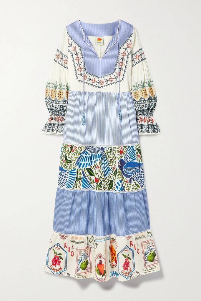 Paneled Embroidered Printed Cotton-voile Maxi Dress - Blue