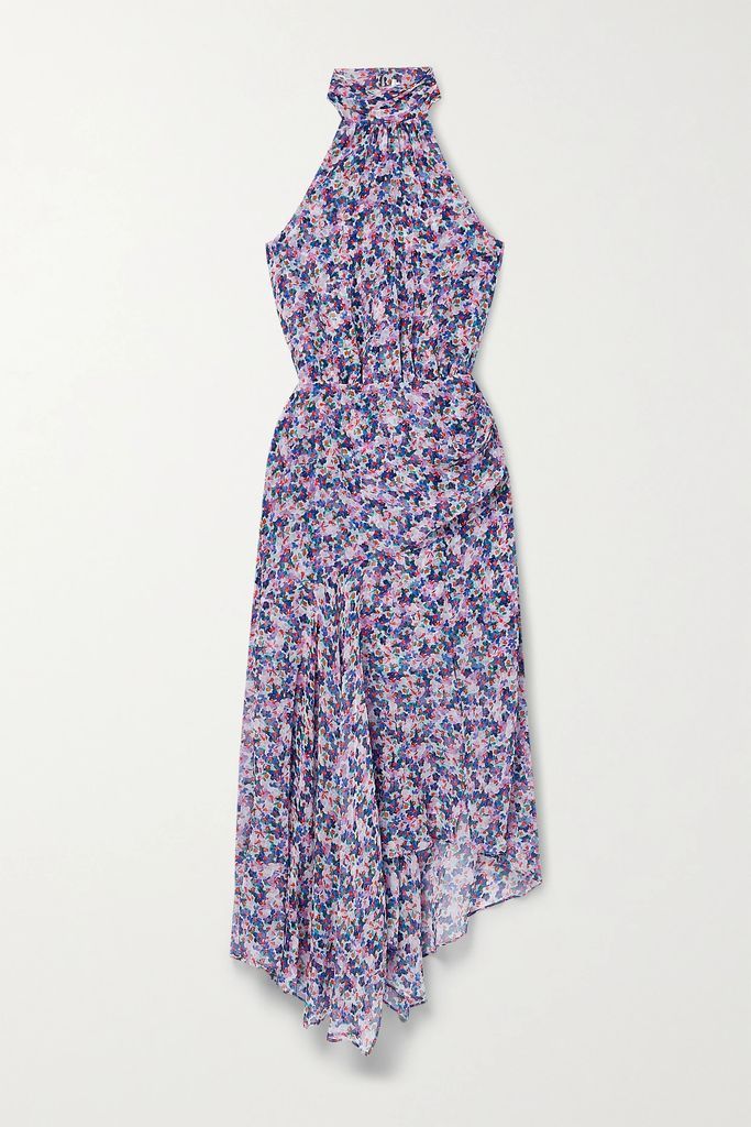 Leia Floral-print Silk Crepe De Chine Halterneck Midi Dress - Purple