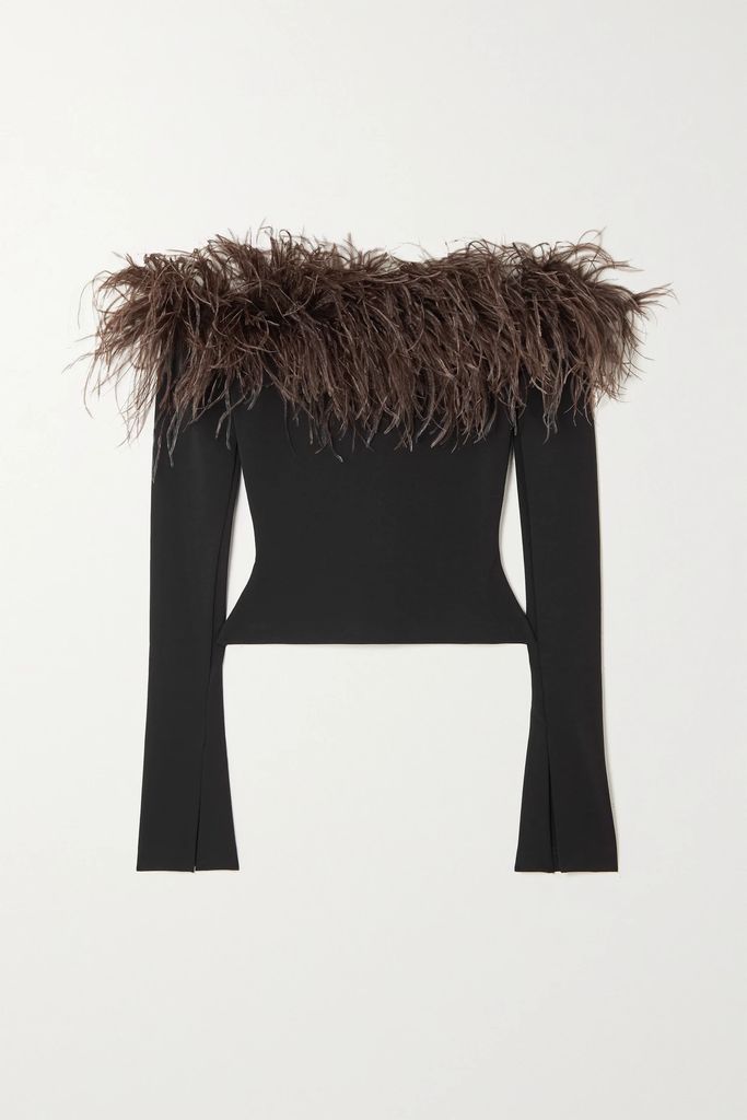 Orion Off-the-shoulder Feather-trimmed Stretch-jersey Top - Black