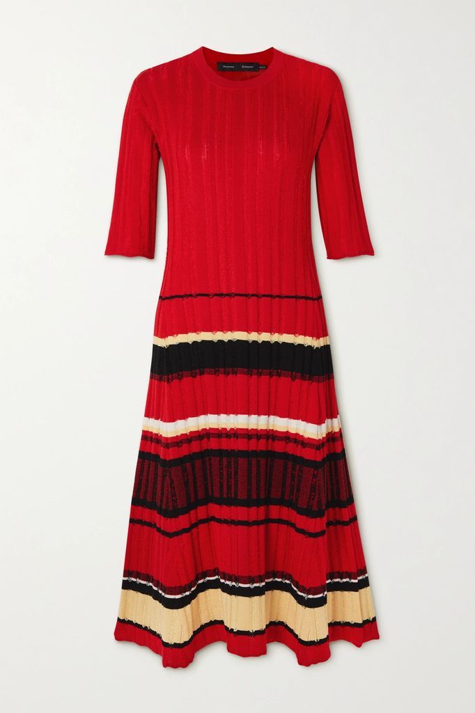 Striped Ribbed Cotton-blend Jacquard Midi Dress - Red