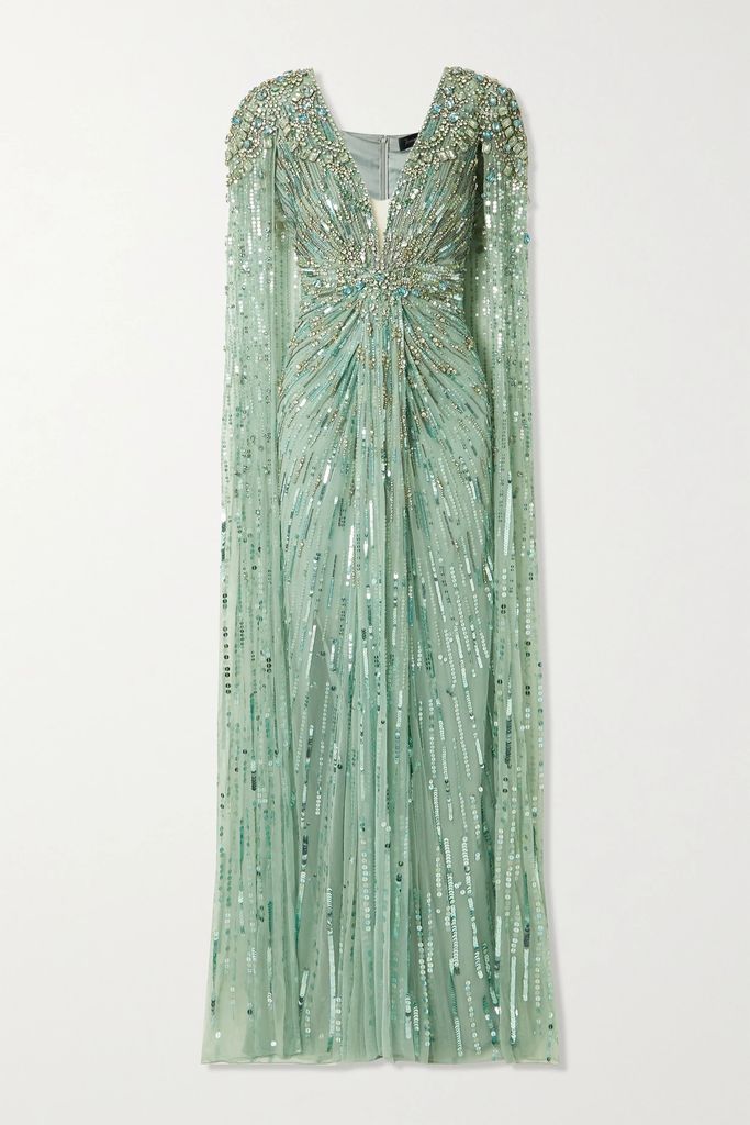 Lotus Lady Cape-effect Embellished Tulle Gown - Emerald