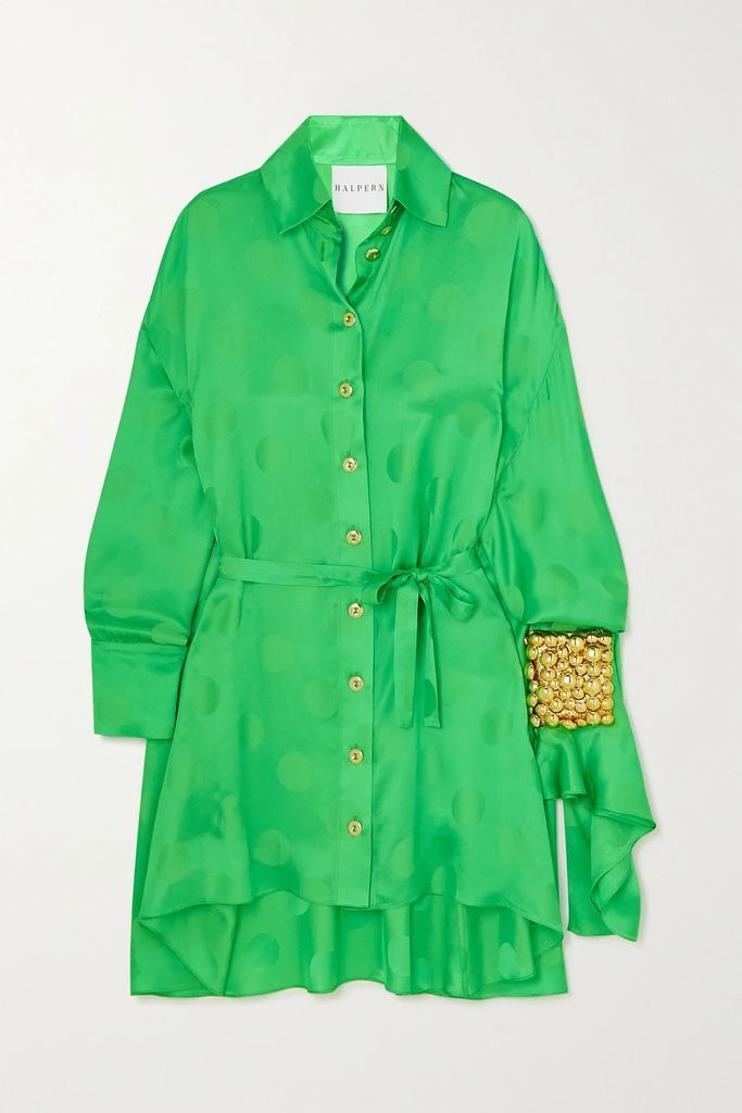 Asymmetric Embellished Polka-dot Satin-jacquard Mini Shirt Dress - Green