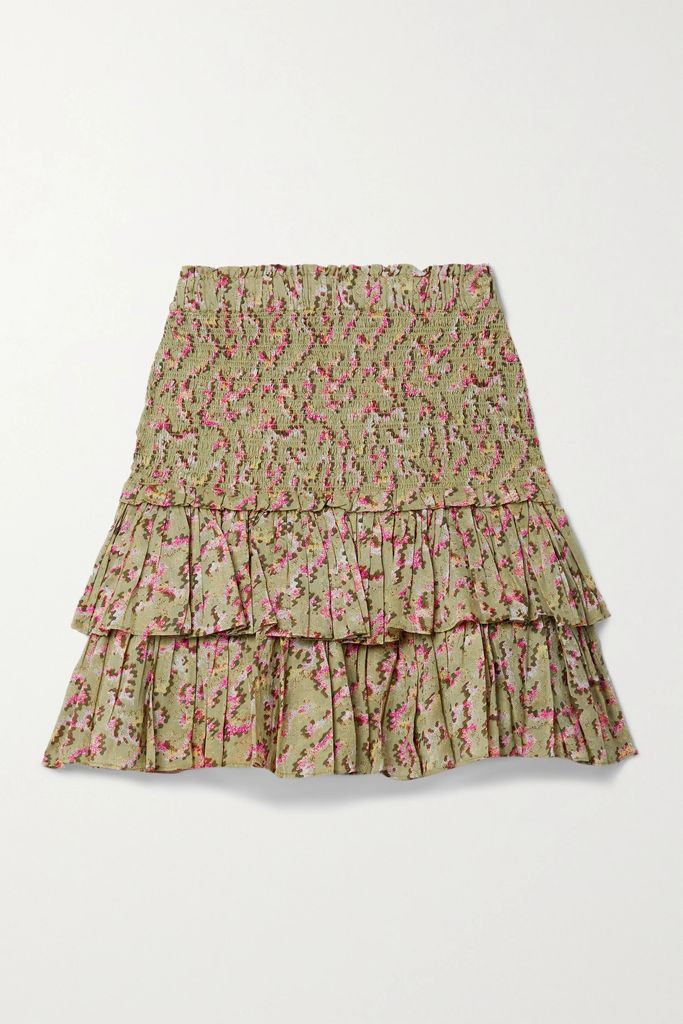 Naomi Shirred Tiered Floral-print Organic Cotton-voile Mini Skirt - Army green