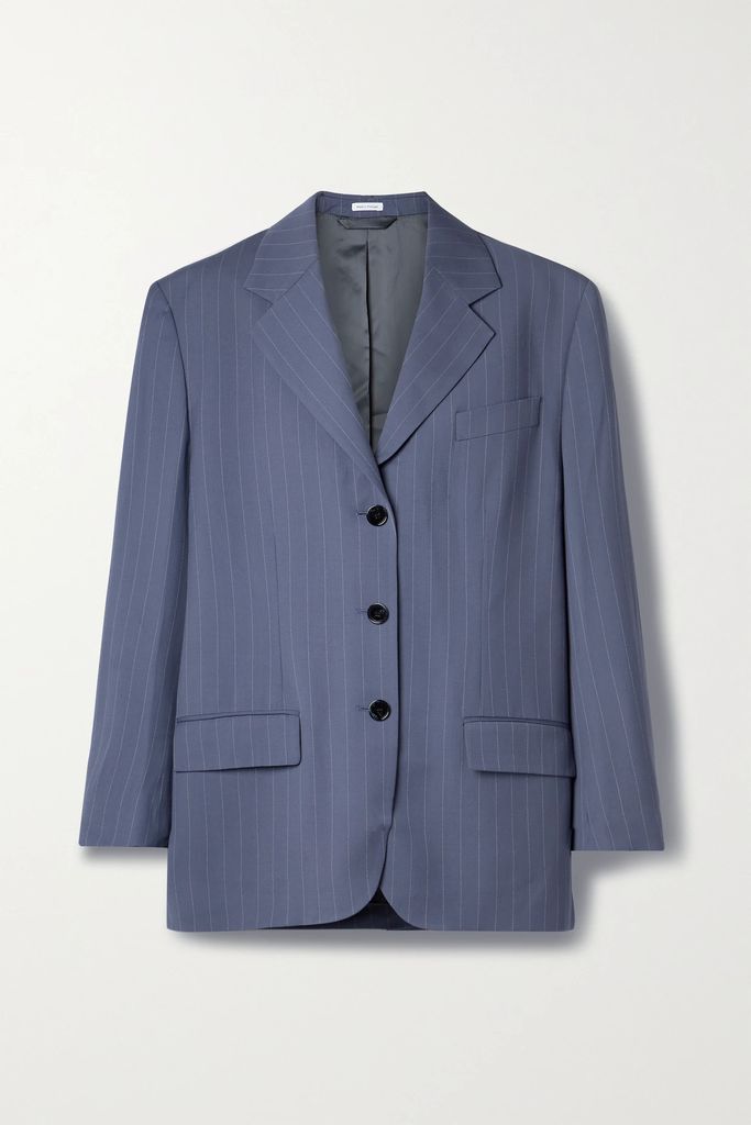 Oversized Pinstriped Woven Blazer - Blue