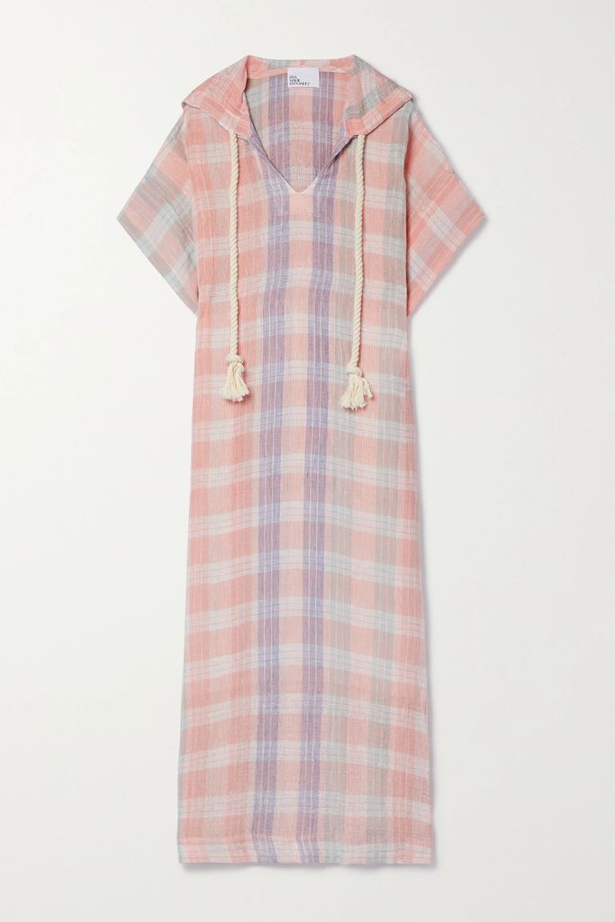 Hooded Checked Linen-blend Gauze Kaftan - Pink