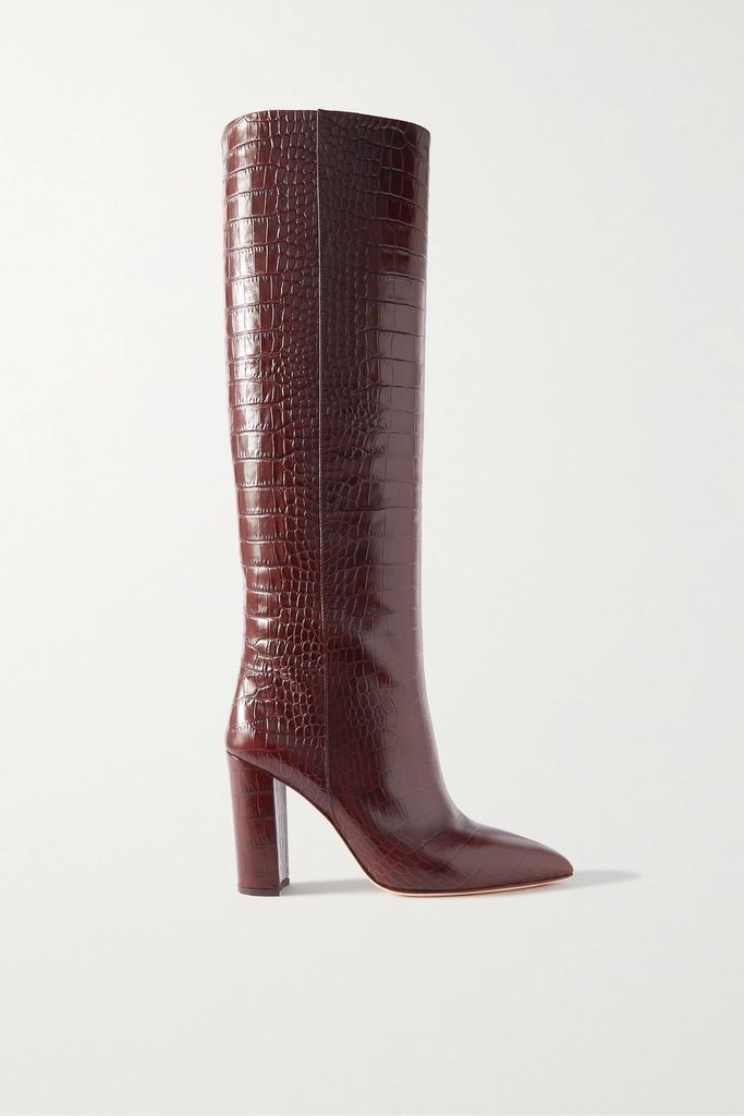 Croc-effect Leather Knee Boots - Brown
