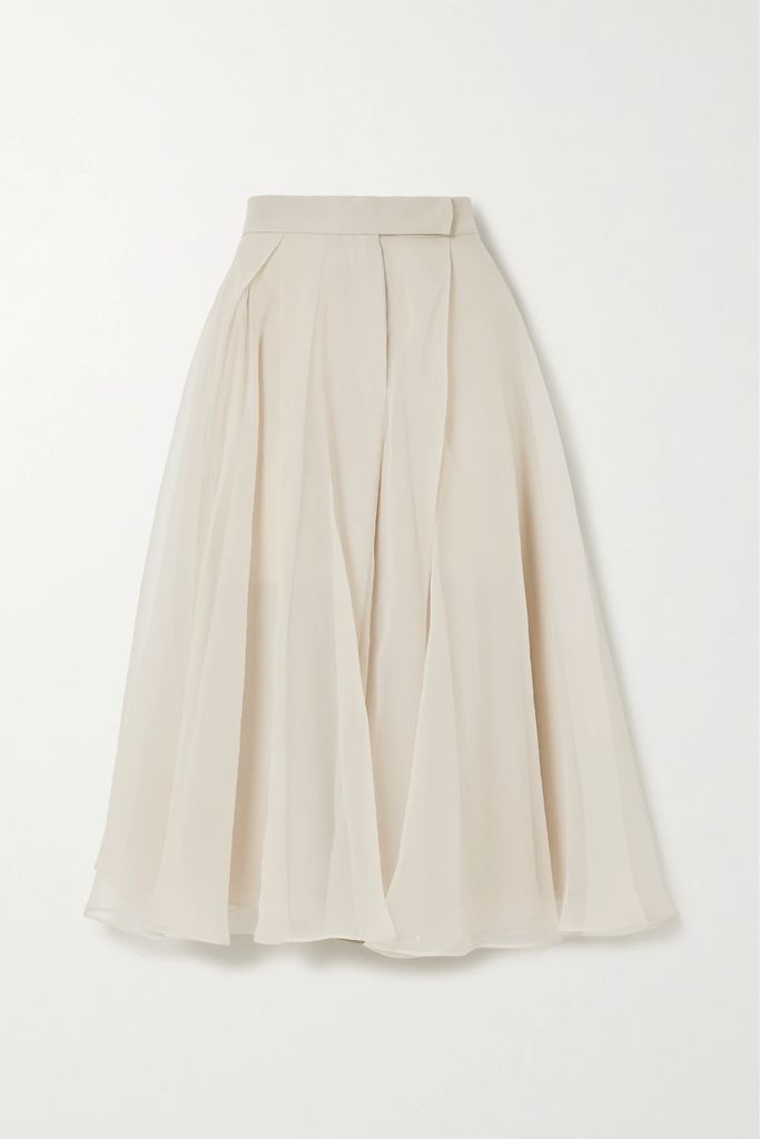 Pleated Silk Crepe De Chine Midi Skirt - Beige