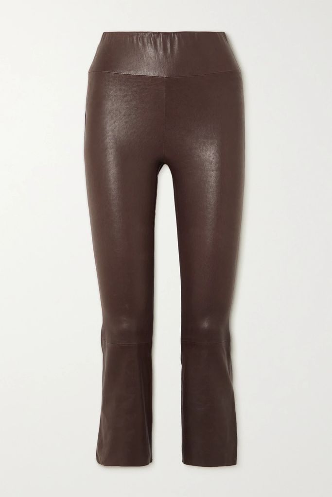 Cropped Leather Flared Leggings - Brown