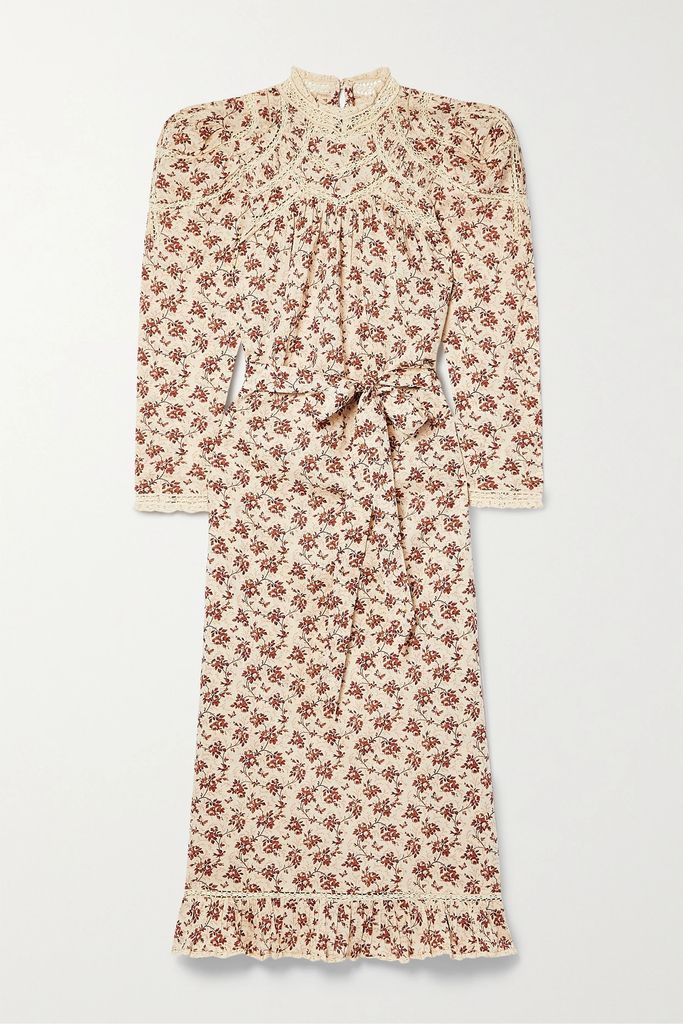 Gabrielle Lace-trimmed Pintucked Floral-print Cotton-voile Maxi Dress - Beige