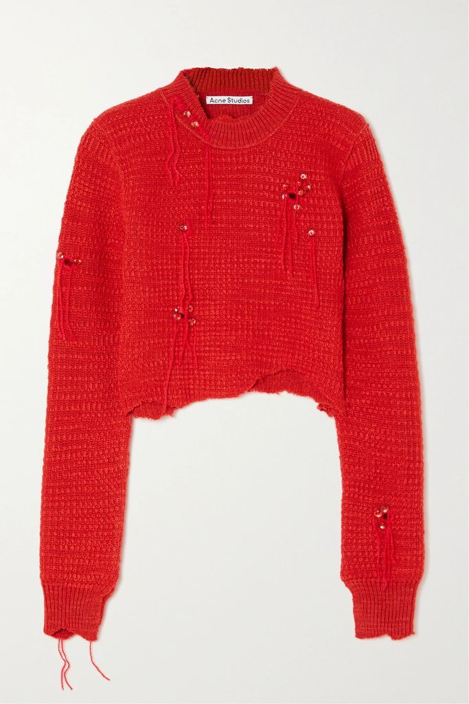 Distressed Embellished Linen And Cotton-blend Sweater - Red
