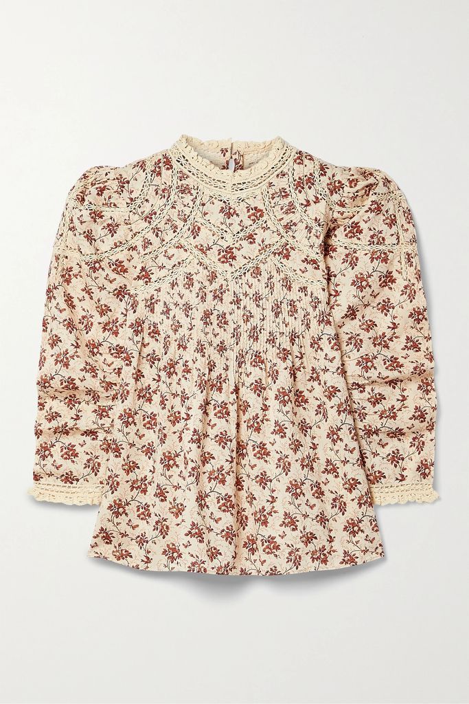 Annette Crochet Lace-trimmed Pintucked Floral-print Cotton-voile Top - Beige