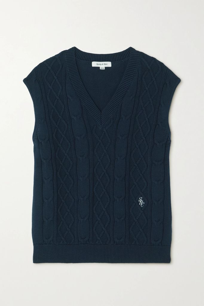 Embroidered Cable-knit Cotton Vest - Navy