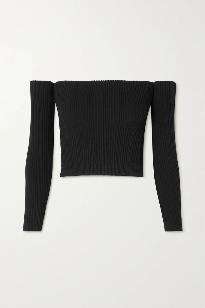 Cropped Off-the-shoulder Ribbed-knit Top - Black