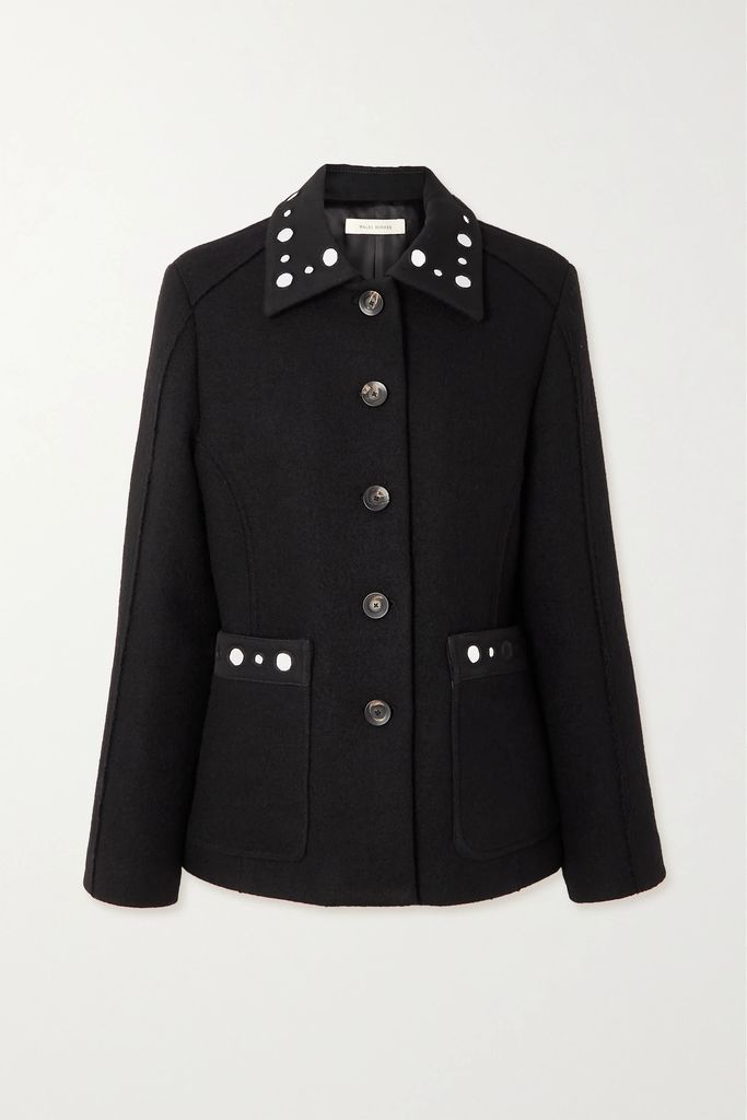 Mirror-embellished Twill-trimmed Wool Jacket - Black