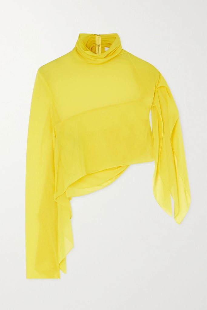 Cropped One-sleeve Gathered Georgette Top - Yellow