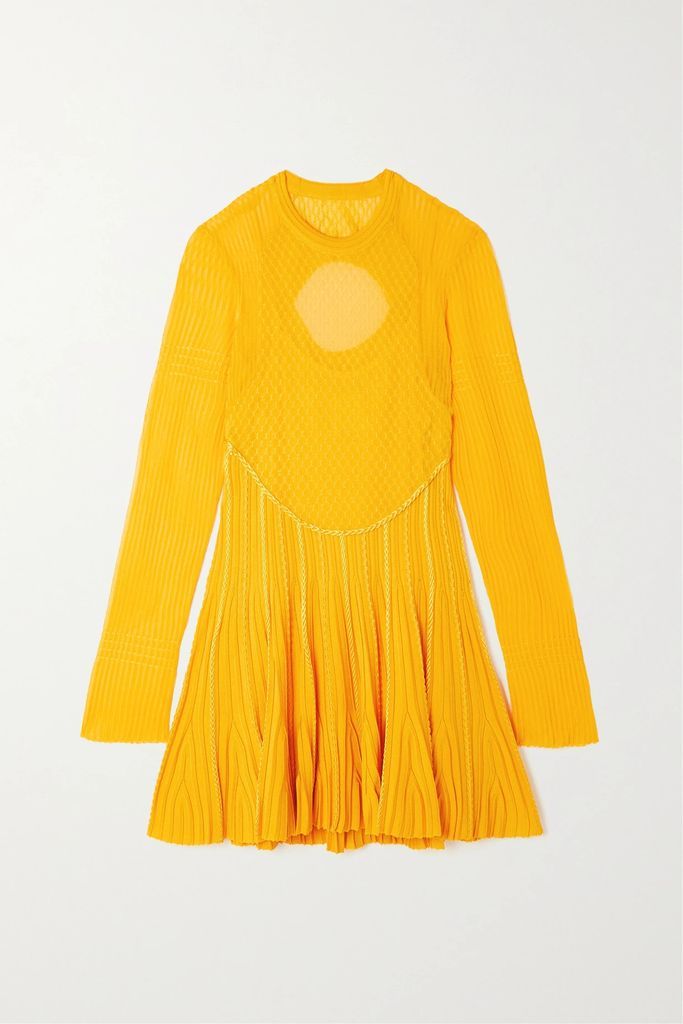 Cutout Pleated Knitted Mini Dress - Yellow