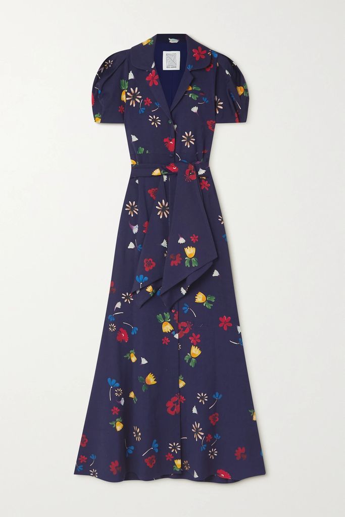 Belted Floral-print Wool-blend Midi Shirt Dress - Navy