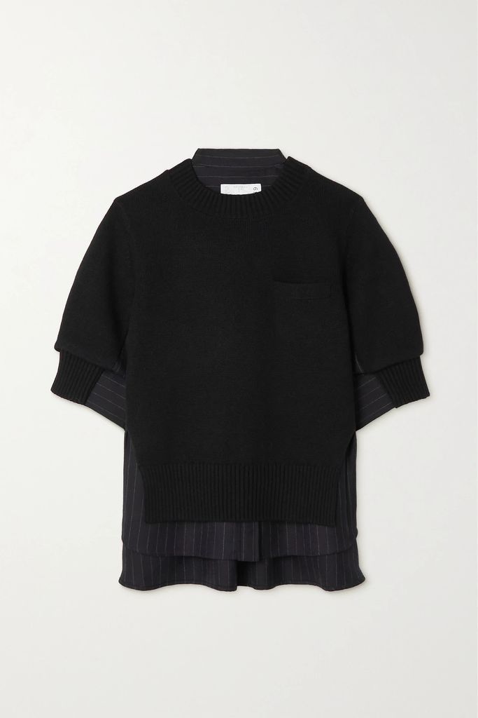 Chalk Layered Wool And Pinstriped Twill Sweater - Black