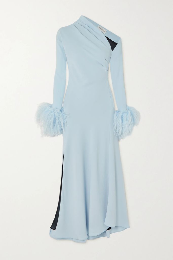 Adelaide One-shoulder Feather-trimmed Crepe Midi Dress - Light blue
