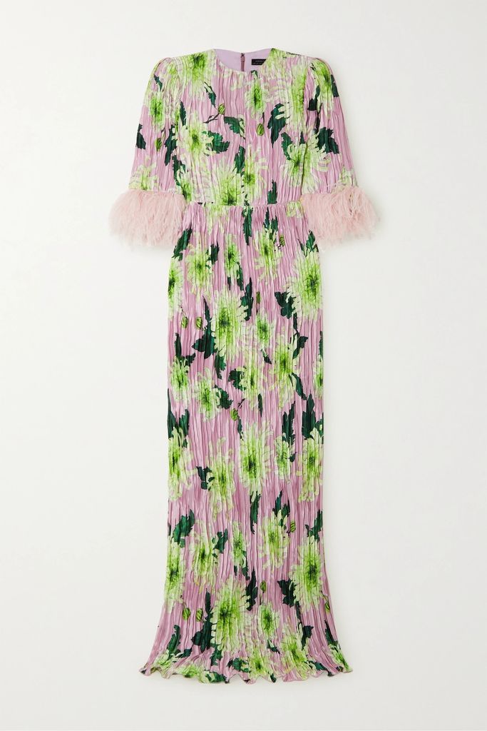 Belted Feather-trimmed Printed Plissé Silk-satin Maxi Dress - Pink