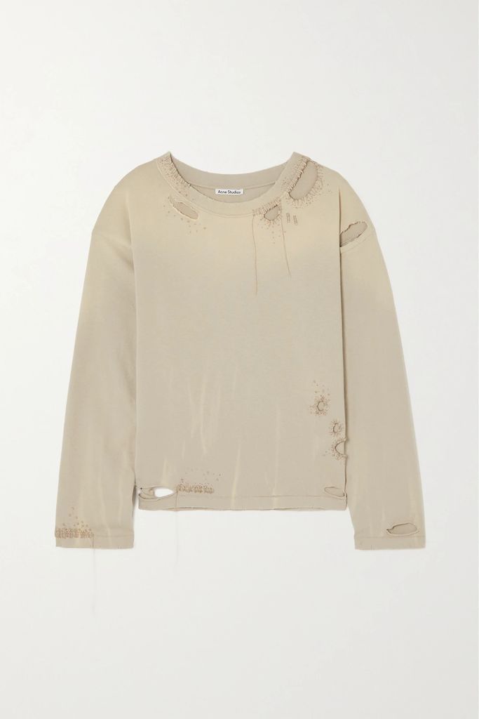 Oversized Distressed Bead-embellished Cotton Sweatshirt - Beige