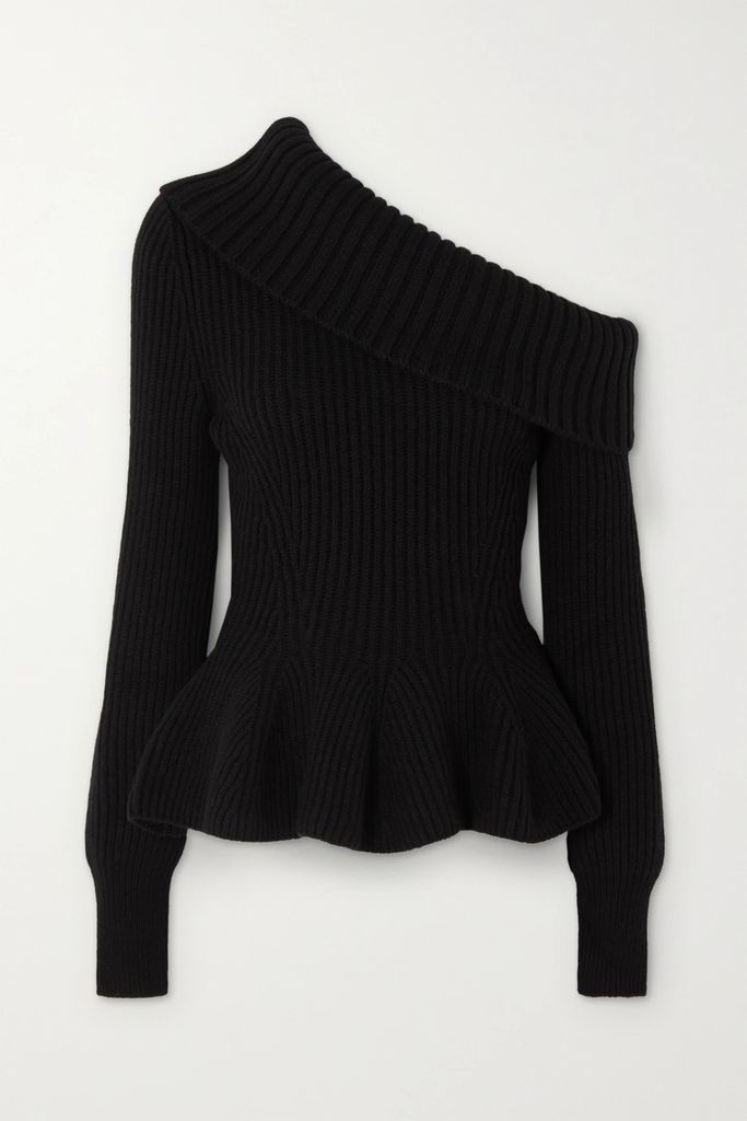 One-shoulder Ribbed Wool And Cashmere-blend Peplum Sweater - Black