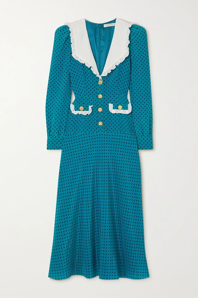 Chiffon-trimmed Button-embellished Polka-dot Silk Midi Dress - Blue