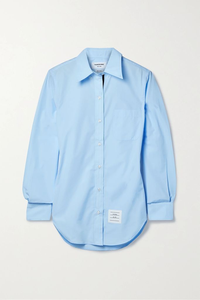 Appliquéd Grosgrain-trimmed Cotton-poplin Shirt - Sky blue