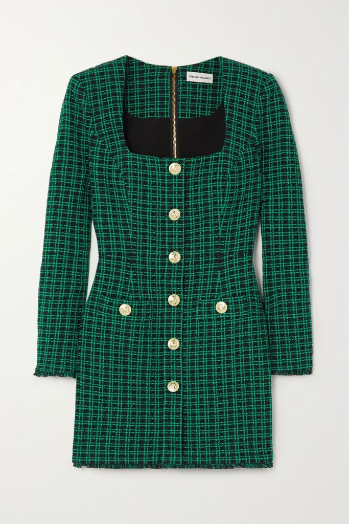 Becca Checked Cotton-blend Tweed Mini Dress - Green