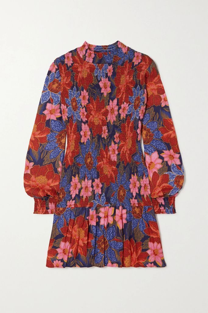 Smocked Floral-print Twill Mini Dress - Blue