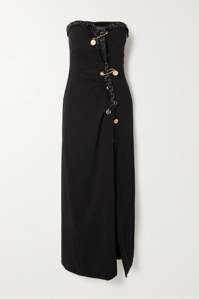 Strapless Embellished Crepe Maxi Dress - Black