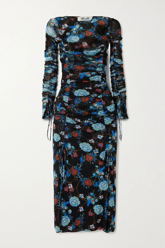 Corinne Ruched Floral-print Mesh Midi Dress - Black