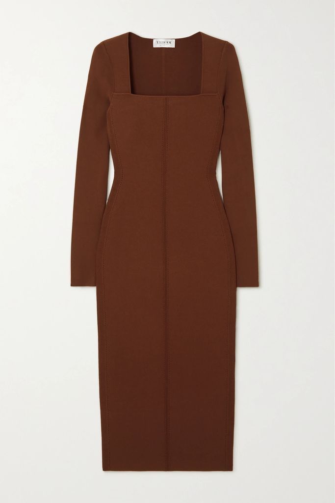 Paneled Ribbed-knit Midi Dress - Dark brown