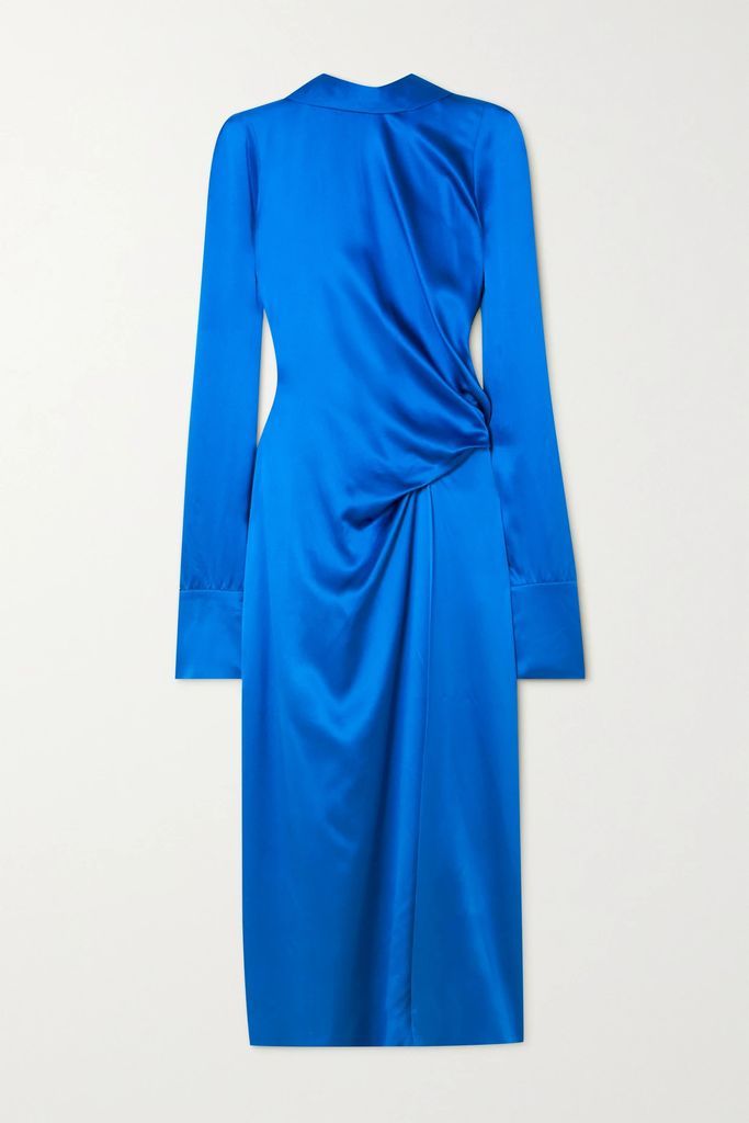 Gathered Silk-satin Midi Dress - Blue