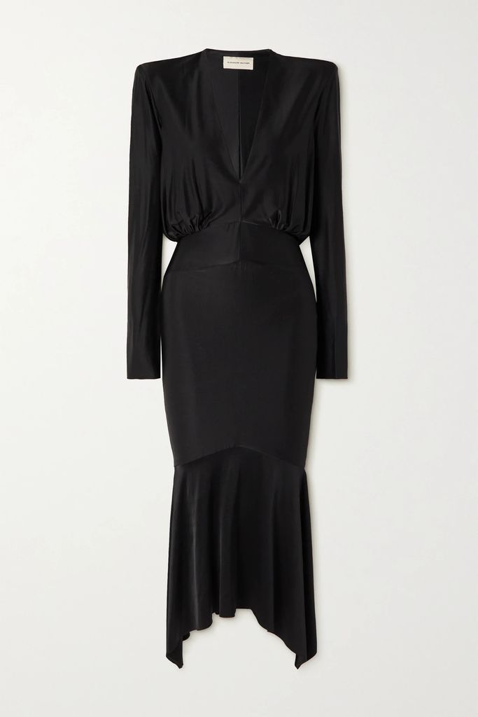 Asymmetric Gathered Stretch-satin Maxi Dress - Black