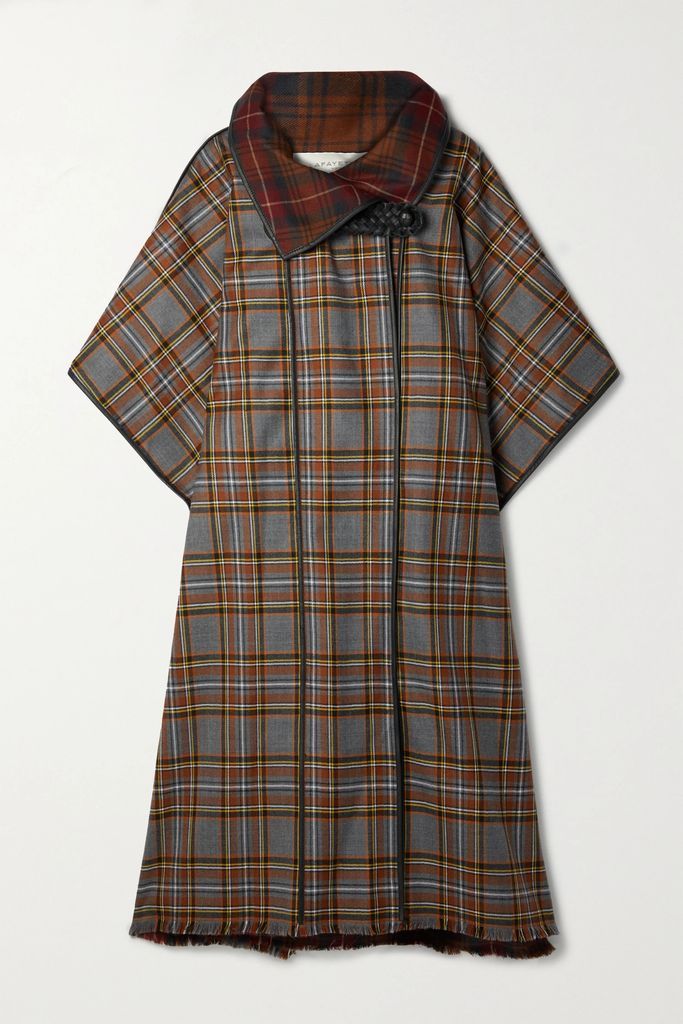 Leather-trimmed Fringed Checked Wool Cape - Copper